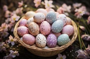 AI generated A basket of colored Easter eggs sits alongside flower bulbs and daffodils, a festive spring display photo