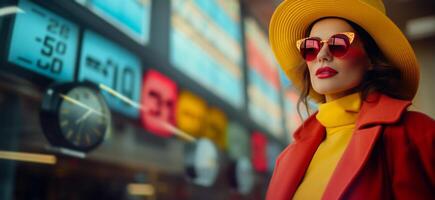 ai generado mujer en Gafas de sol y sombrero en pie por un hora reloj foto