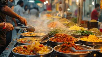 AI generated A lively shot of a person enjoying a delicious street food meal photo