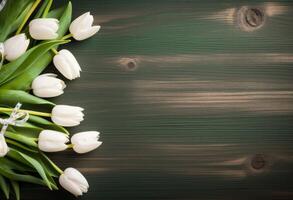 AI generated a green easter card on wood with tulips and eggs photo