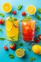 AI generated A minimalist arrangement of colorful summer drinks like lemonade and fruit smoothies photo