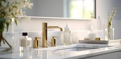 AI generated a marble bathroom counter with two gold taps photo