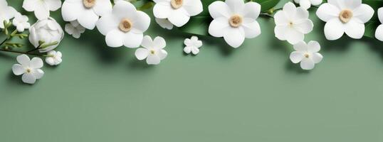 AI generated a green backdrop with white flowers and flowers photo