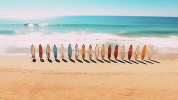 ai generado un zumbido ver de el playa embarque tablas de surf foto