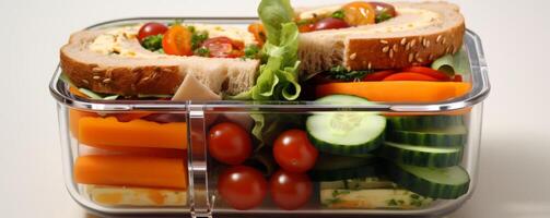 AI generated a lunch box with fruits, vegetables, sandwiches and a lunch box photo