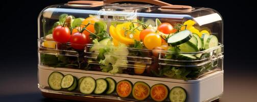 ai generado un almuerzo caja con frutas, verduras, emparedados y un almuerzo caja foto