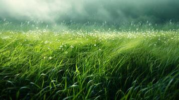 AI generated A minimalist composition of a grassy meadow, with tall grass swaying in the wind photo