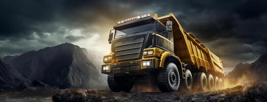 AI generated a huge dump truck driving through a dark field photo