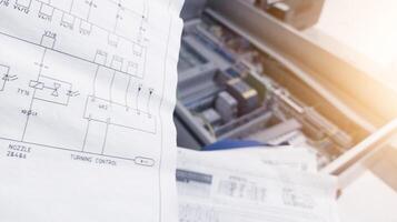 Looks at the electrical drawing on the background of the automation panel.For conceptual analysis trouble shooting electrical control. photo