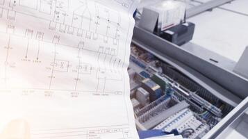 Looks at the electrical drawing on the background of the automation panel.For conceptual analysis trouble shooting electrical control. photo