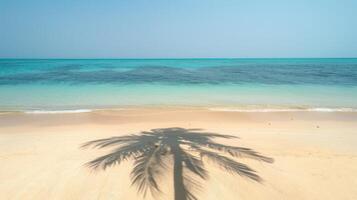 ai generado arenoso playa, con claro azul cielo, espumoso agua, y un soltero palma árbol fundición un sombra foto