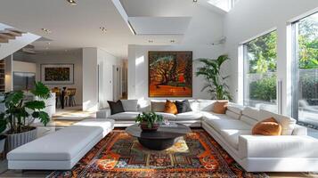 ai generado un minimalista vivo habitación con blanco paredes y muebles, acentuado por un vibrante zona alfombra foto