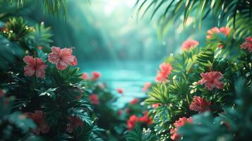 AI generated A minimalist composition of a tropical paradise, featuring lush greenery, exotic flowers photo