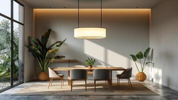 AI generated A minimalist dining area featuring a sleek table, modern chairs, and a statement lighting fixture photo