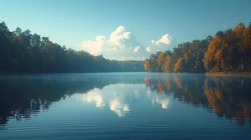 AI generated A minimalist composition of a tranquil lake, with calm waters reflecting the surrounding trees photo