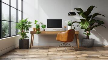 AI generated A minimalist home office with a simple desk, ergonomic chair, and neatly organized essential items photo