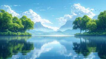 AI generated A minimalist composition of a tranquil lake, with calm waters reflecting the surrounding trees photo