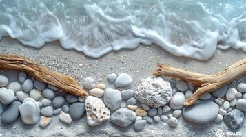 AI generated A minimalist composition of a rocky shoreline, with smooth pebbles scattered on the sand photo