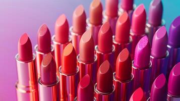 AI generated A colorful shot of a collection of unbranded lipsticks arranged in a gradient pattern photo