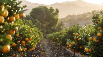 ai generado un agrios arboleda, con filas de naranja y limón arboles extensión dentro el distancia foto