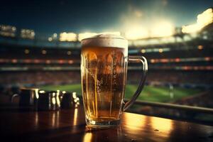 AI generated a mug of beer sitting near a soccer stadium photo