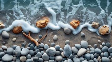 AI generated A minimalist composition of a rocky shoreline, with smooth pebbles scattered on the sand photo