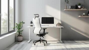 ai generado un minimalista hogar oficina con un sencillo escritorio, ergonómico silla foto