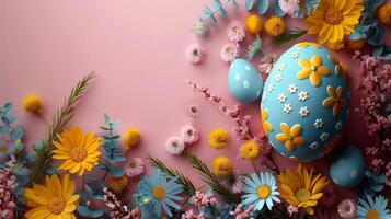 AI generated A minimalistic, egg-shaped frame filled with lively Easter icons and vibrant colors photo