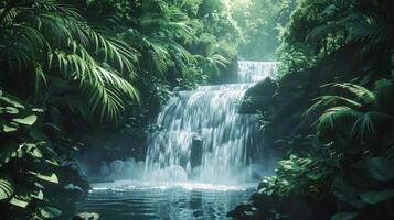 AI generated tropical waterfall, with cascading water and lush vegetation, offering a peaceful and natural background photo