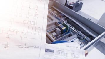 mira a el eléctrico dibujo en el antecedentes de el automatización panel.para conceptual análisis problema disparo eléctrico control. foto