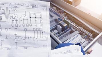 Looks at the electrical drawing on the background of the automation panel.For conceptual analysis trouble shooting electrical control. photo