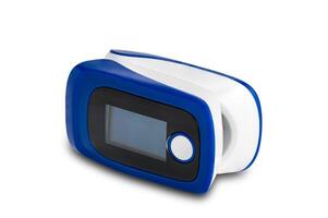 Side view of pulse oximeter isolated on white background with clipping path. Pulse oximeter, the device for measurement of pulse rate and oxygen level at the fingertip of the patient. photo