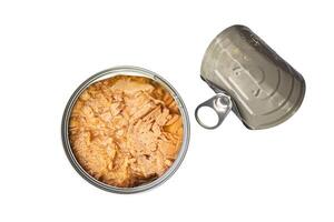 Top view of opened tin canned tuna fish with lid isolated on white background with clipping path. photo