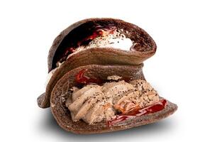 View of Mini Black Forest Pancake with fresh cream isolated on white background with clipping path. photo