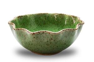 Side view of empty curved edge round green ceramic bowl isolated on white background with clipping path. photo