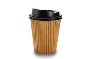 Side view closeup of empty single brown corrugated paper coffee cup with black lid isolated on white background with clipping path. photo