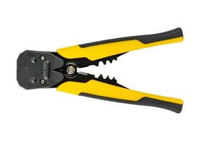 Top view closeup black and yellow handles wire cutters isolated on white background with clipping path. photo