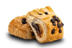 Side view pile of Danish Pastry with chocolate filling topping with chocolate chips isolated on white background with clipping path. photo