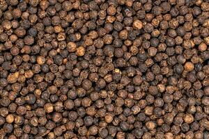 Top view pile of black pepper, full frame, use as a background. Closeup view of dried black peppercorn. photo