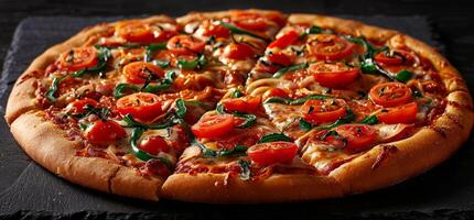 AI generated a pizza with tomatoes, peppers, sauce and a slice missing photo