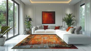 AI generated A minimalist living room with white walls and furniture, accented by a vibrant area rug photo