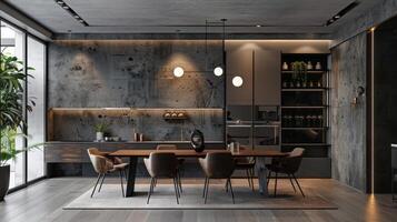 AI generated A minimalist dining area with a sleek table, modern chairs, and a statement lighting fixture photo