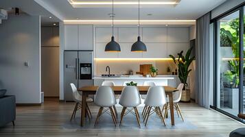 AI generated A minimalist dining area with a sleek table, modern chairs, and a statement lighting fixture photo