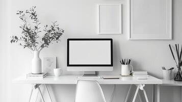 AI generated A minimalist home office with a simple desk, ergonomic chair photo