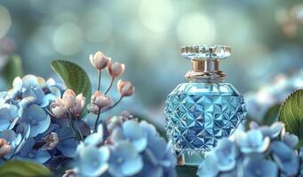 AI generated A perfume bottle placed atop a bed of flowers, creating a delicate and fragrant scene photo