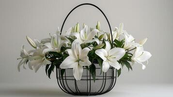 AI generated Elegant White Lilies in a Modern Metal Basket photo