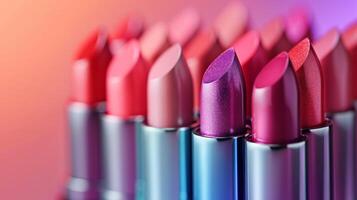 ai generado un vistoso Disparo de un colección de sin marca lápices labiales arreglado en un degradado modelo foto