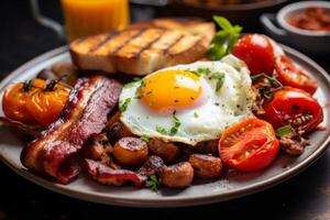 AI generated English breakfast on a plate, highlighting the golden yolk of the fried egg, crispy bacon photo