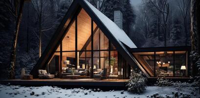 AI generated a wooden cabin on the snow covered woods photo