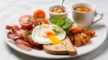 AI generated English breakfast, with neatly arranged ingredients on a white plate photo